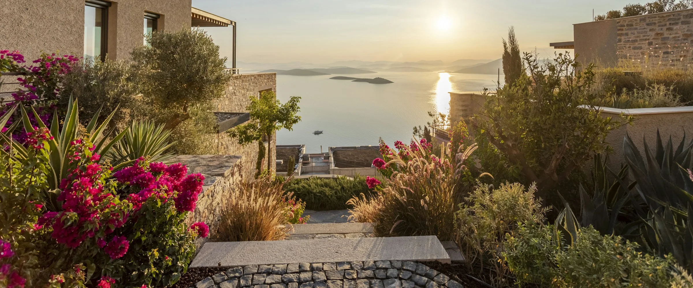 Sunset over the Aegean from a villa terrace in Bodrum